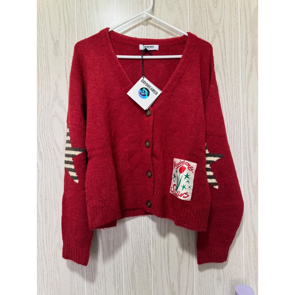 Daydreamer Studios Red Star Patch Cardigan Sweater V-Neck Button Front Medium NW